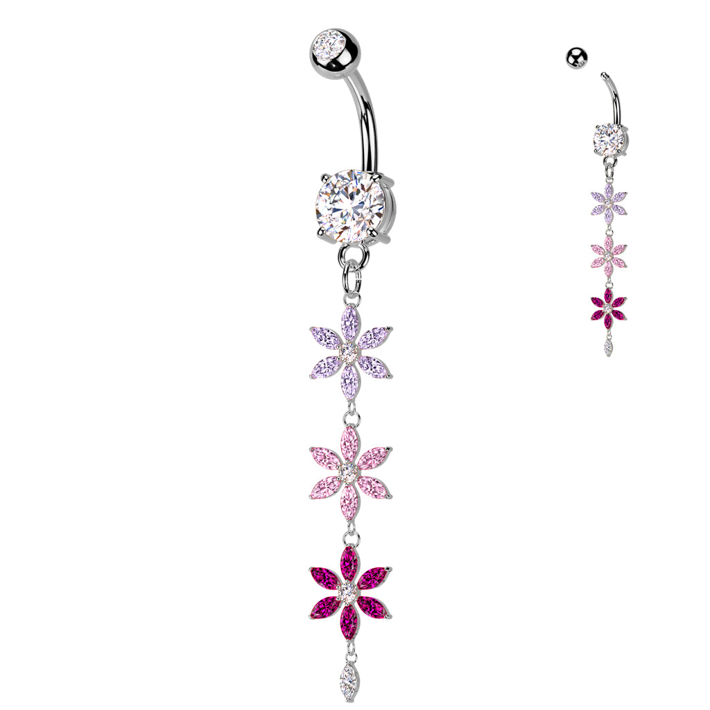 PINK CRYSTAL FLOWER DANGLY BELLY BAR - 10MM - 14 GAUGE