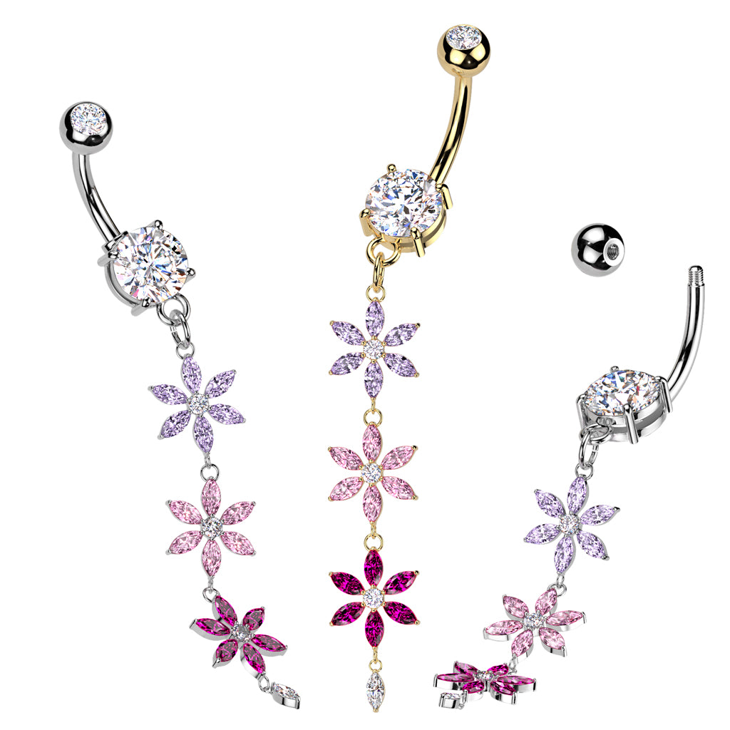 PINK CRYSTAL FLOWER DANGLY BELLY BAR - 10MM - 14 GAUGE