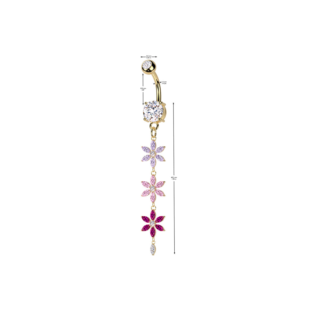 PINK CRYSTAL FLOWER DANGLY BELLY BAR - 10MM - 14 GAUGE