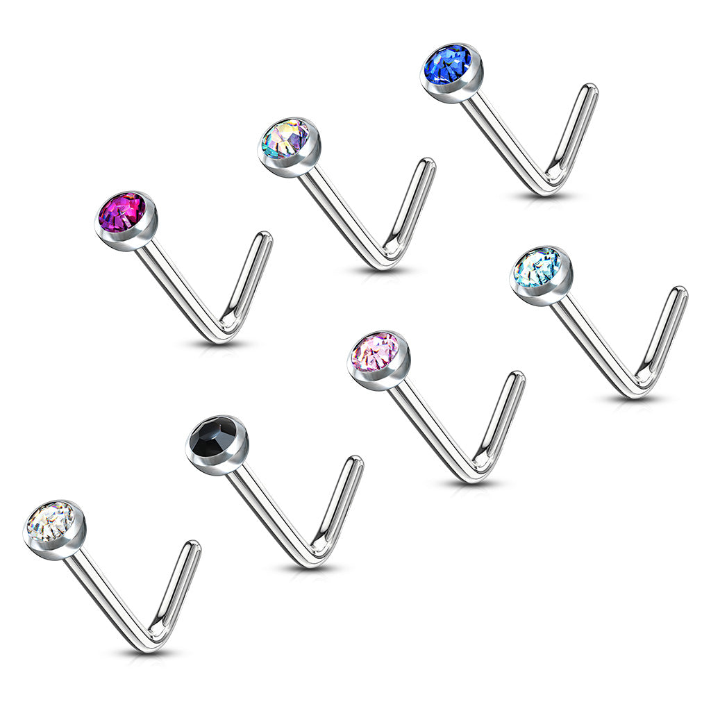 MULTI PACK OF 7 CRYSTAL CENTRE DAINTY L BEND NOSE STUDS - 6MM- 20 GAUGE