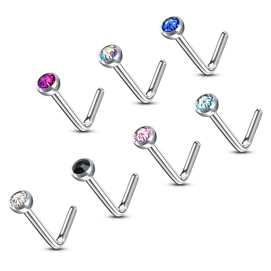 MULTI PACK OF 7 CRYSTAL CENTRE DAINTY L BEND NOSE STUDS - 6MM- 20 GAUGE