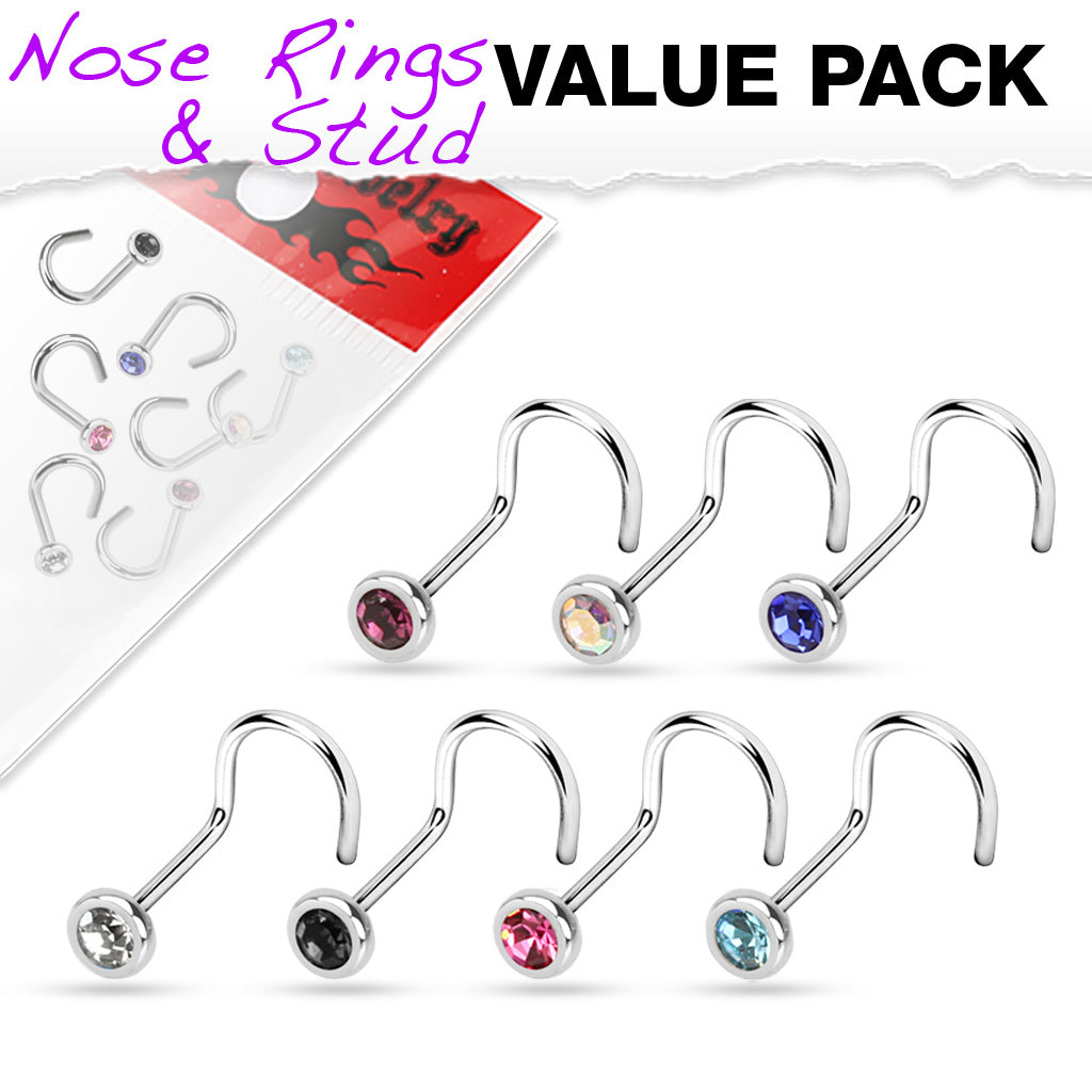 MULTI PACK OF 7 CRYSTAL CENTRE DAINTY SCREW NOSE STUDS - 6MM- 20 GAUGE