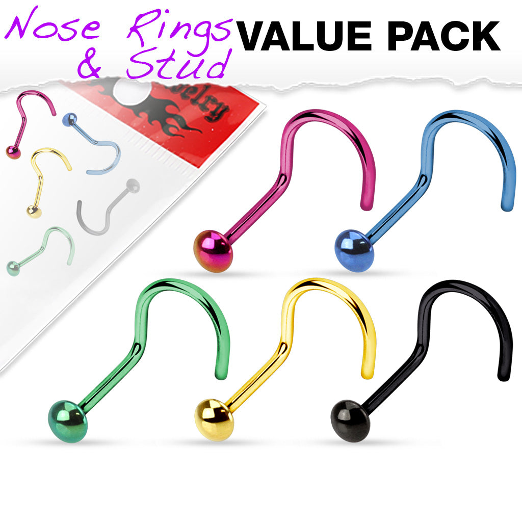 MULTI PACK OF 5 MULTICOLOURED DAINTY NOSE STUDS  - 20 GAUGE - 6MM