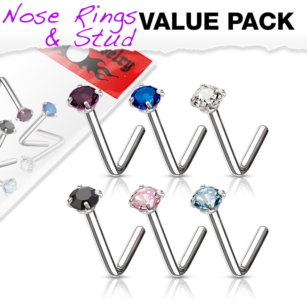 MULTI PACK OF 6 CRYSTAL TOP L BEND NOSE STUDS - 20 GAUGE - 6MM