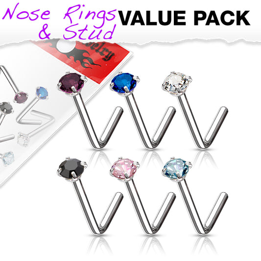 MULTI PACK OF 6 CRYSTAL TOP L BEND NOSE STUDS - 20 GAUGE - 6MM