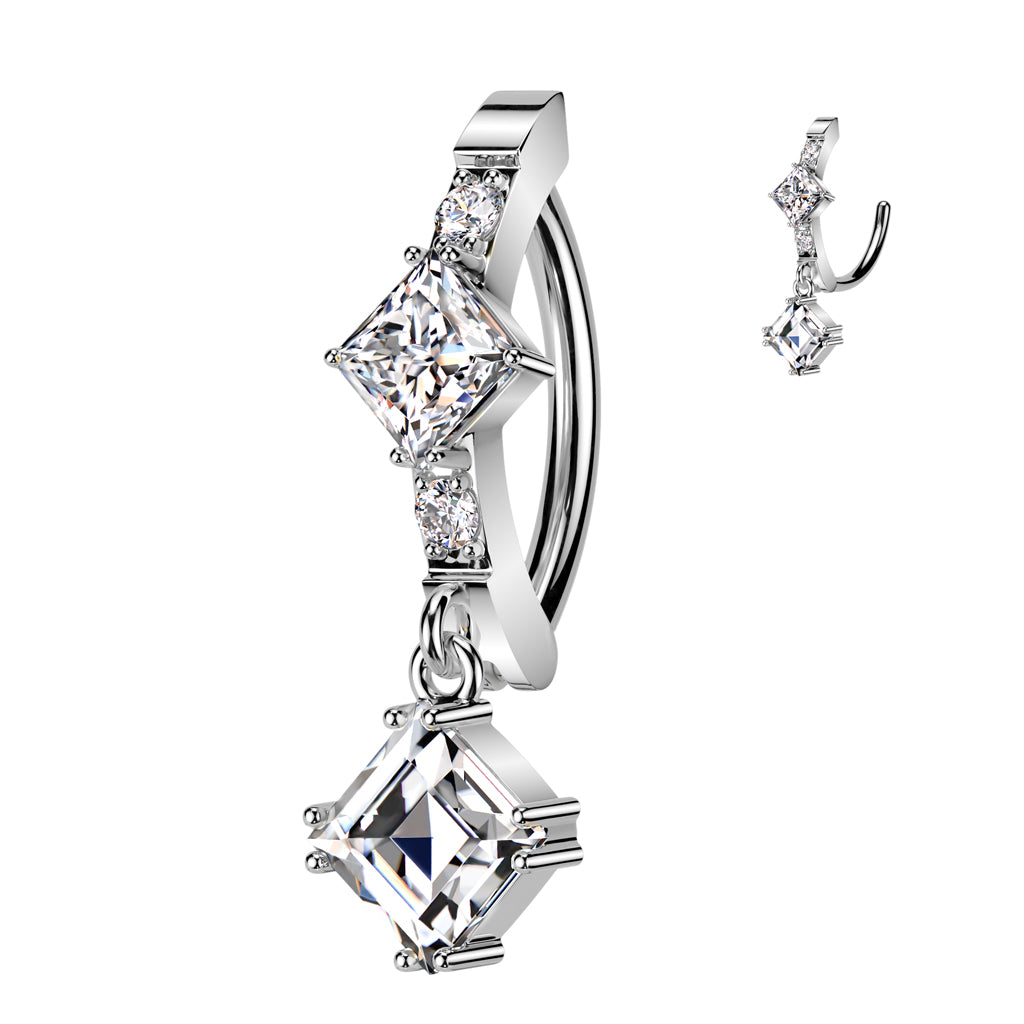 CRYSTAL SQUARE CENTRE CHARM DANGLY BELLY HOOP CLICKER RING - 12MM