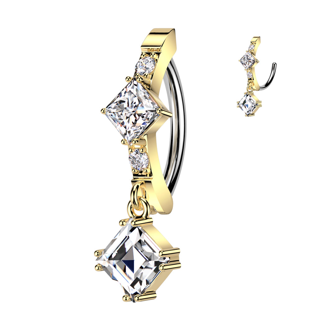 CRYSTAL SQUARE CENTRE CHARM DANGLY BELLY HOOP CLICKER RING - 12MM