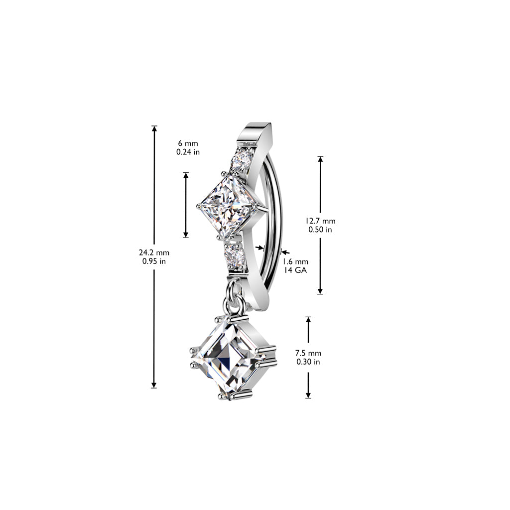 CRYSTAL SQUARE CENTRE CHARM DANGLY BELLY HOOP CLICKER RING - 12MM