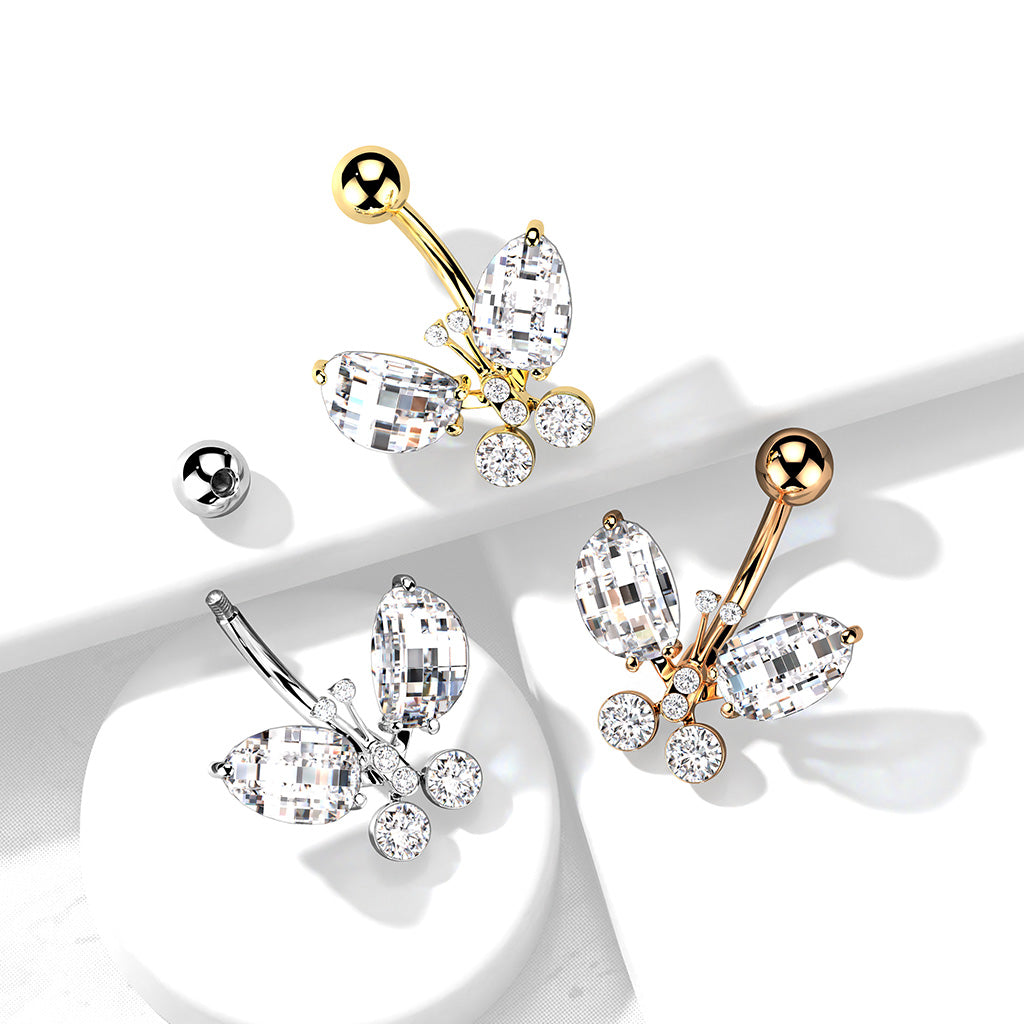 LARGE JEWELLED CRYSTAL BUTTERFLY BELLY BAR - 10MM