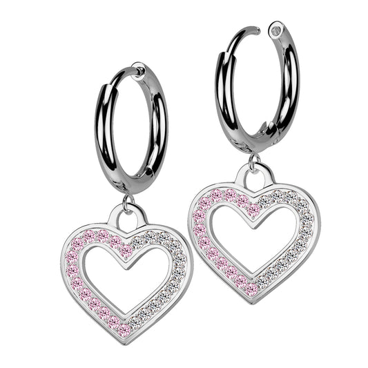 CRYSTAL LOVE HEART CHARM HOOP EARRINGS - 10MM