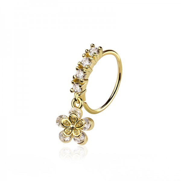 GOLD CRYSTAL LINED FLOWER CHARM BENDABLE HOOP RING - 20 GAUGE - 8MM FOR EAR & NOSE
