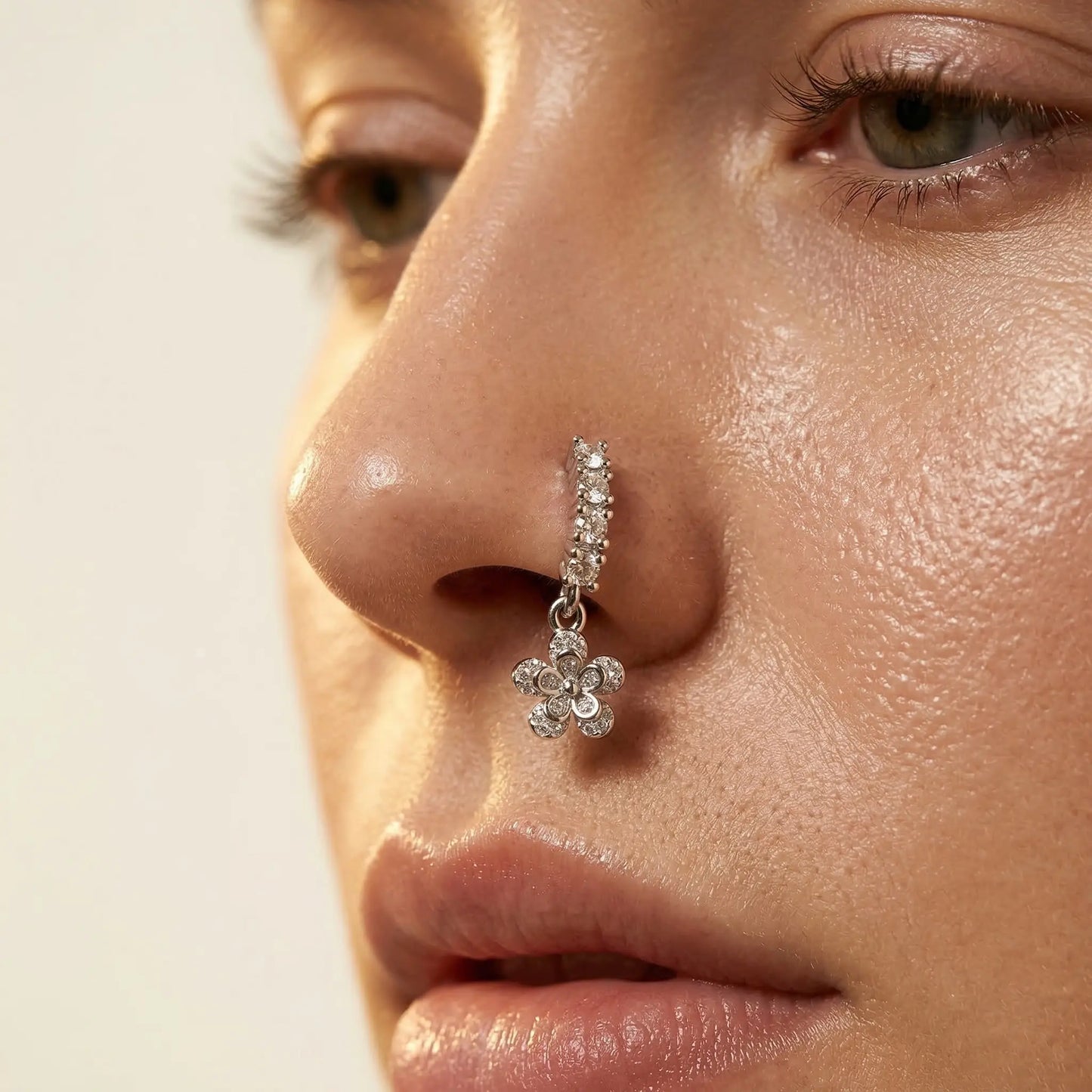 GOLD CRYSTAL LINED FLOWER CHARM BENDABLE HOOP RING - 20 GAUGE - 8MM FOR EAR & NOSE