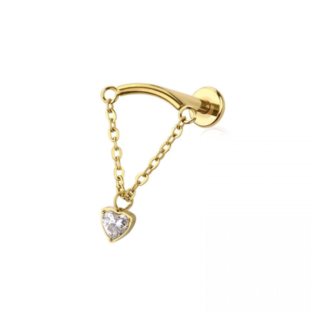 CRYSTAL LOVE HEART CHARM & CHAIN CURVED BAR FLAT BACK LABRET - 18 GAUGE - 6MM HIDDEN HELIX