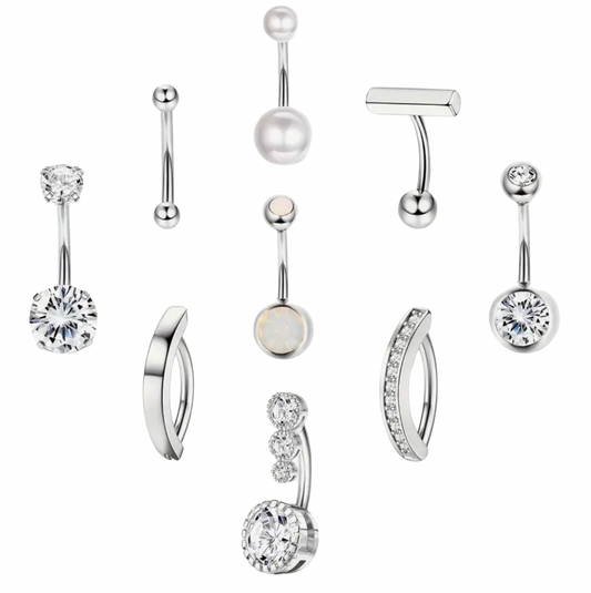 MULTI PACK OF 9 SILVER CRYSTAL BELLY BARS & CLICKER HOOPS - 10MM