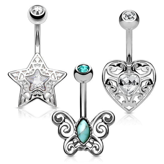 MULTI PACK OF 3 SUMMER BELLY BARS - STAR BUTTERFLY HEART - 10MM - 14 GAUGE