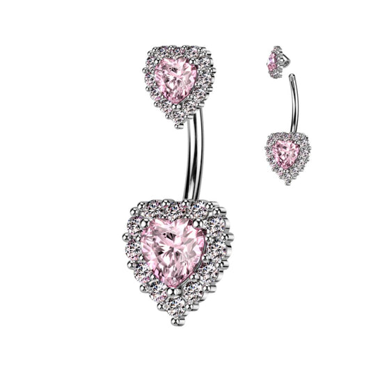 CRYSTAL BABY PINK LOVE HEART BELLY BAR - 14 GAUGE -10MM