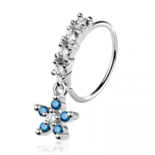 CRYSTAL BLUE MINI FLOWER CHARM BENDABLE NOSE RING HOOP - 20 GAUGE - 8MM