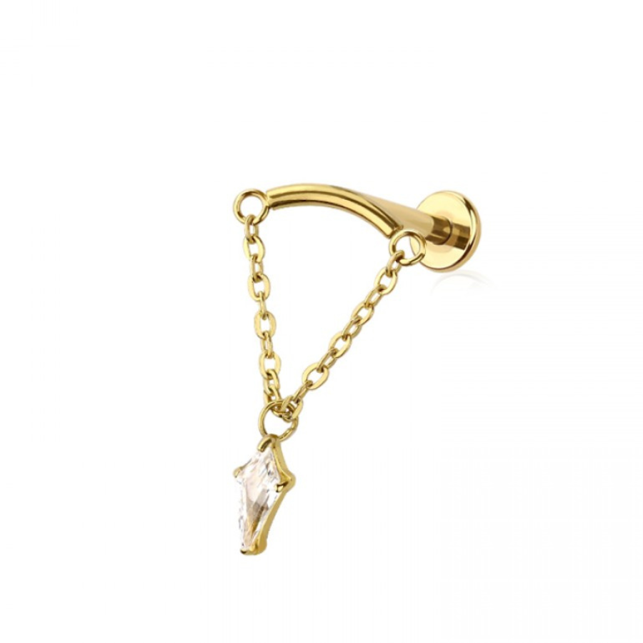 GOLD CURVED HIDDEN HELIX  BAR DANGLE CLEAR MARQUISE CZ CHAIN PUSH IN TOP 316L SURGICAL STEEL LABRET