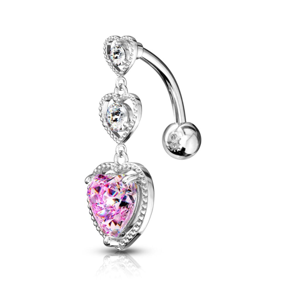 TRIPLE HEART REVERSE  CHARM BELLY BAR - 10MM - 14 GAUGE