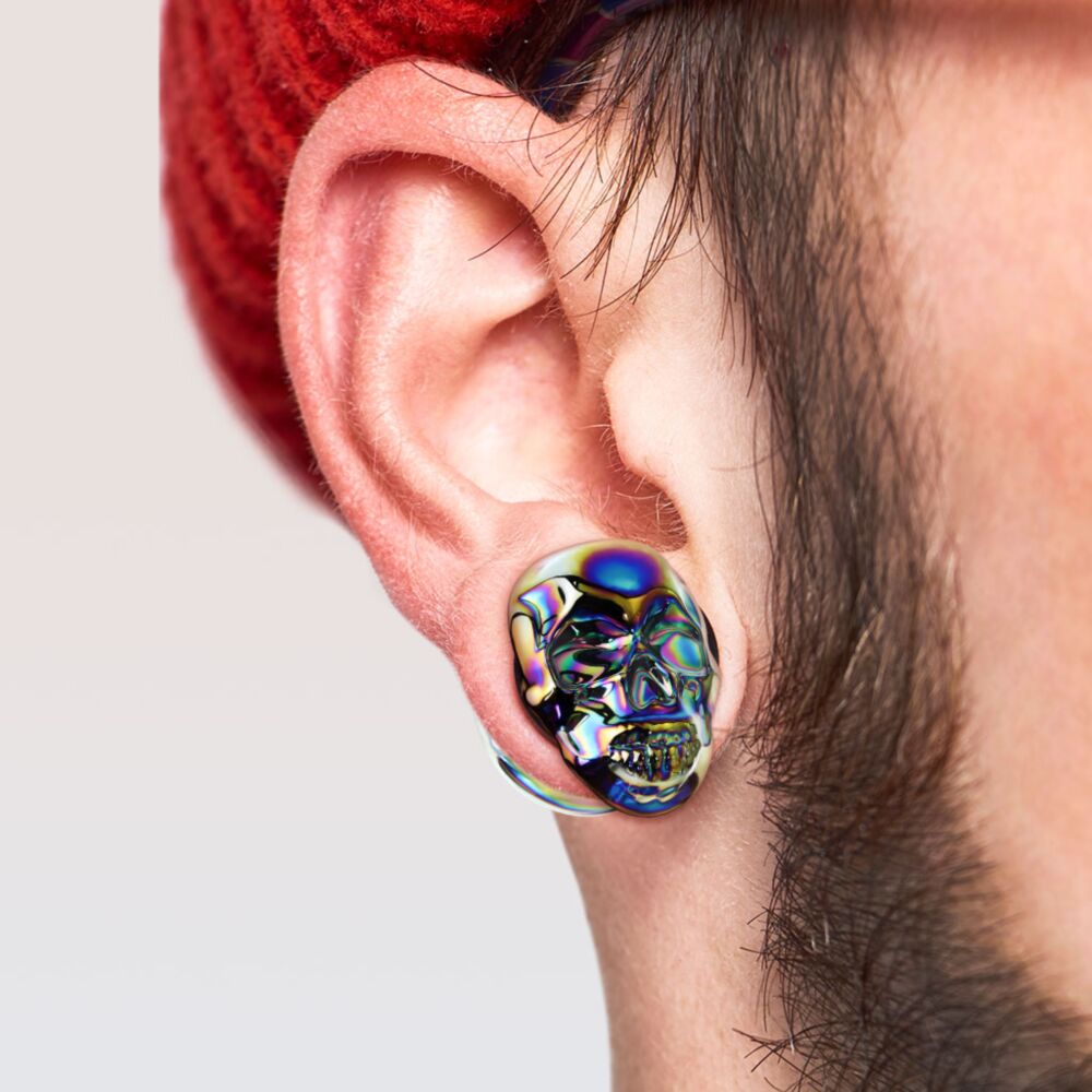 3D RAINBOW SKULL GLASS  FLARE EAR PLUG