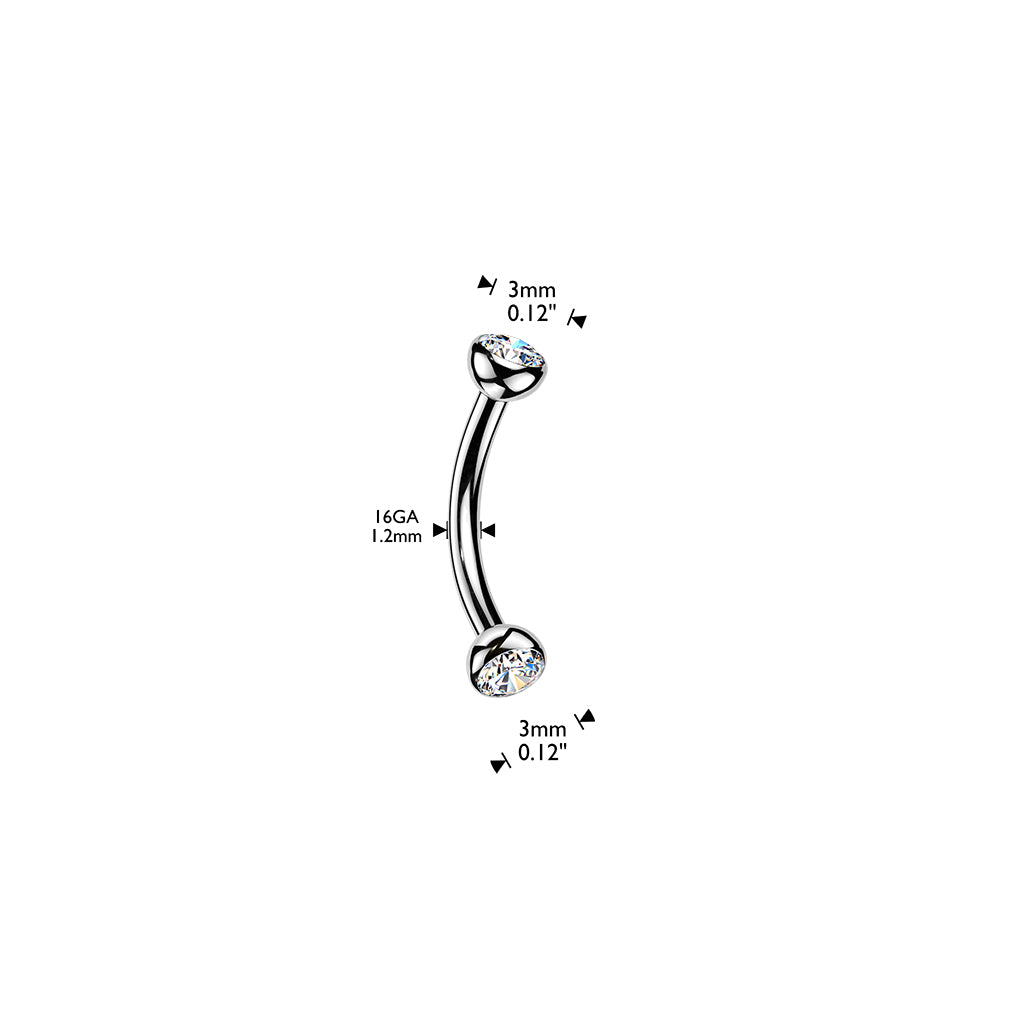 TITANIUM DAINTY DOUBLE CRYSTAL THREADLESS CURVED BARBELL - 16 GAUGE - 8MM