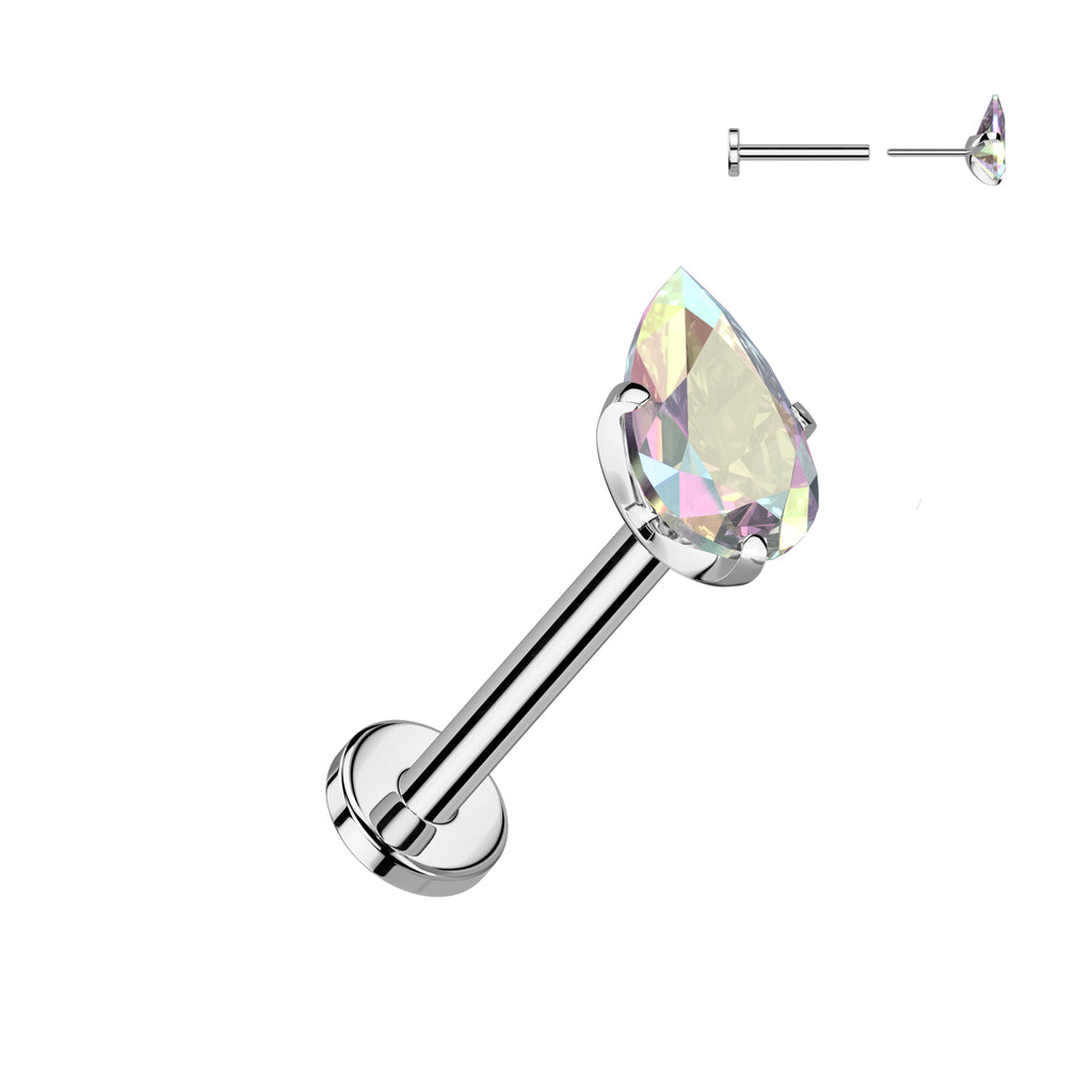 TITANIUM AURORA CRYSTAL TEARDROP FLAT BACK LABRET - THREADLESS - 18 GAUGE - 8MM