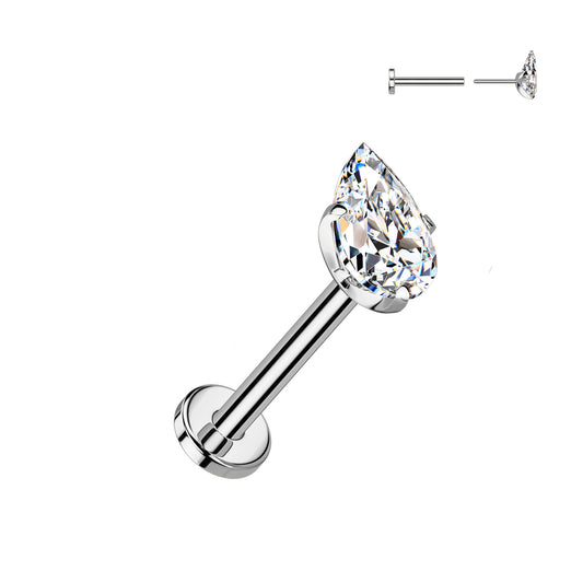 TITANIUM CRYSTAL TEARDROP FLAT BACK LABRET - THREADLESS - 18 GAUGE - 8MM