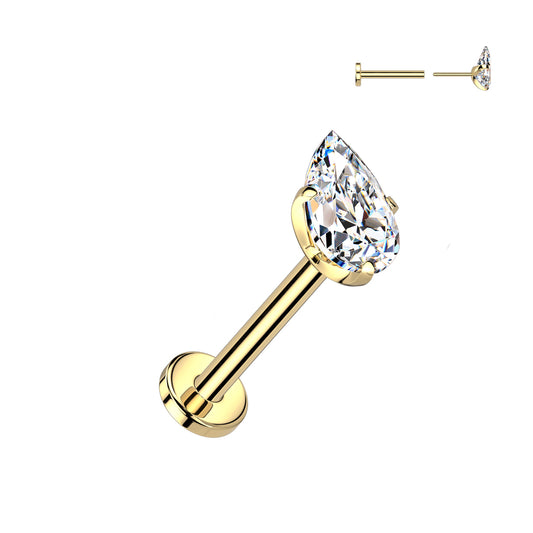 TITANIUM GOLD CRYSTAL TEARDROP FLAT BACK LABRET - THREADLESS - 18 GAUGE - 8MM