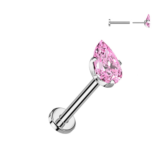 TITANIUM PINK CRYSTAL TEARDROP FLAT BACK LABRET THREADLESS - 8MM - 18 GAUGE