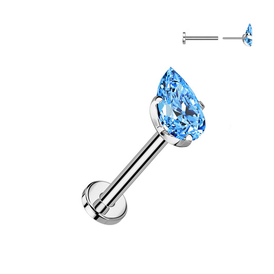 TITANIUM BLUE CRYSTAL TEARDROP FLAT BACK LABRET - 8MM THREADLESS