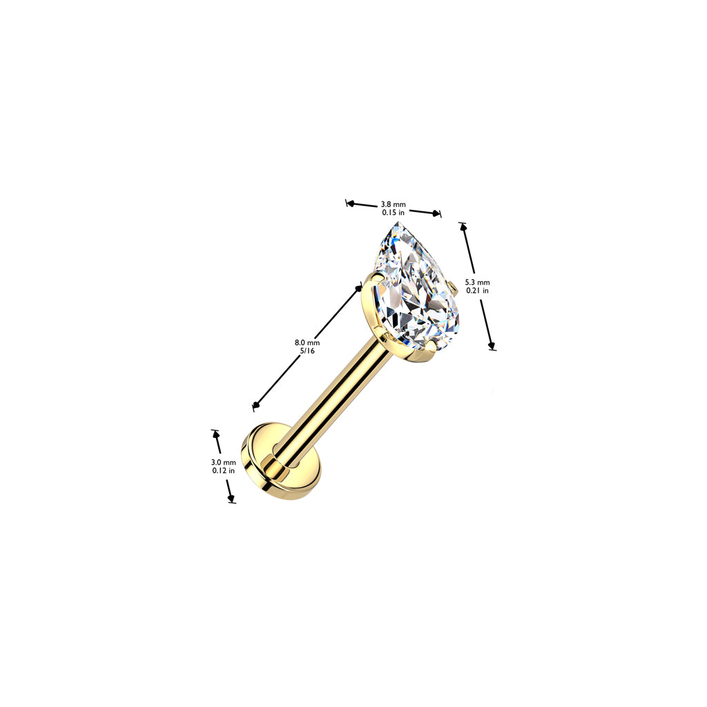 TITANIUM GOLD CRYSTAL TEARDROP FLAT BACK LABRET - THREADLESS - 18 GAUGE - 8MM