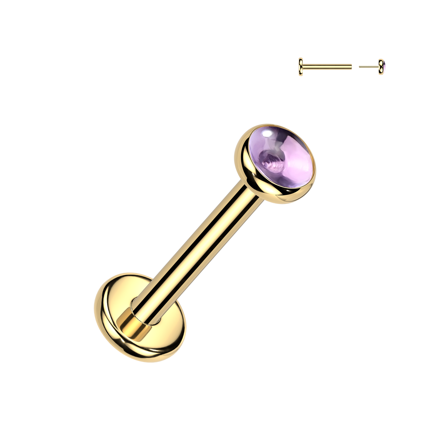 TITANIUM GOLD AMETHYST FLAT BACK LABRET STUD THREADLESS - 18 GAUGE - 8MM
