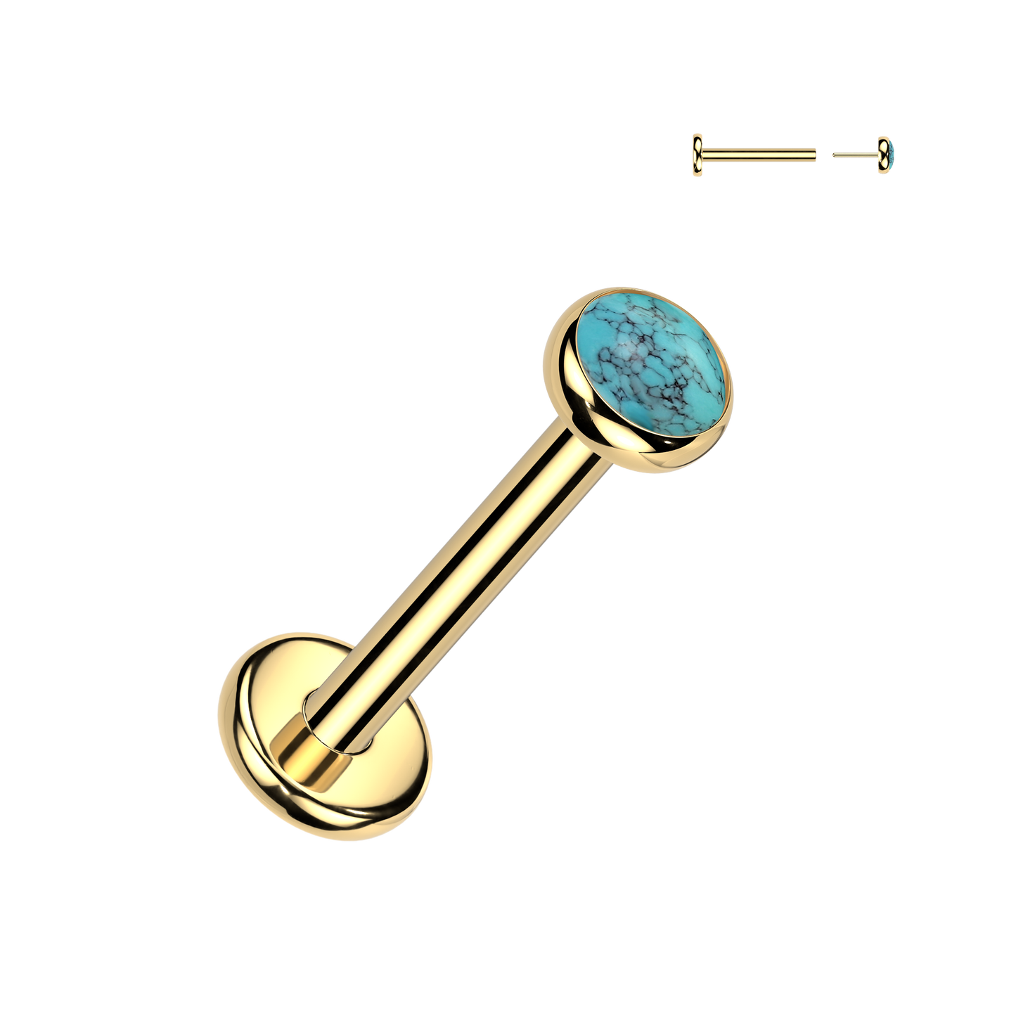 TITANIUM GOLD TURQUOISE FLAT BACK LABRET STUD THREADLESS - 18 GAUGE - 8MM