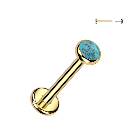 TITANIUM GOLD TURQUOISE FLAT BACK LABRET STUD THREADLESS - 18 GAUGE - 8MM