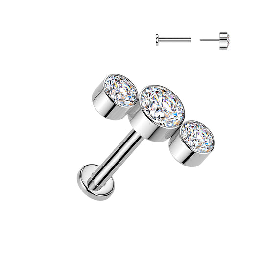 TITANIUM TRIPLE CRYSTAL FLAT BACK THREADLESS LABRET - 16 GAUGE - 8MM