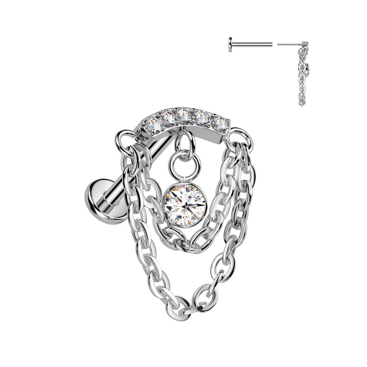 TITANIUM CRYSTAL CURVED DANGLY CHARM CHAIN FLAT BACK LABRET - 8MM - 16 GAUGE