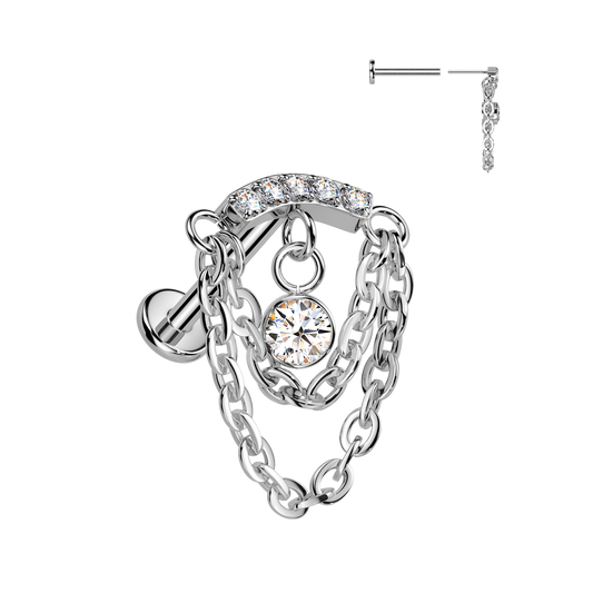 TITANIUM CRYSTAL CURVED DANGLY CHARM CHAIN FLAT BACK LABRET - 8MM - 16 GAUGE