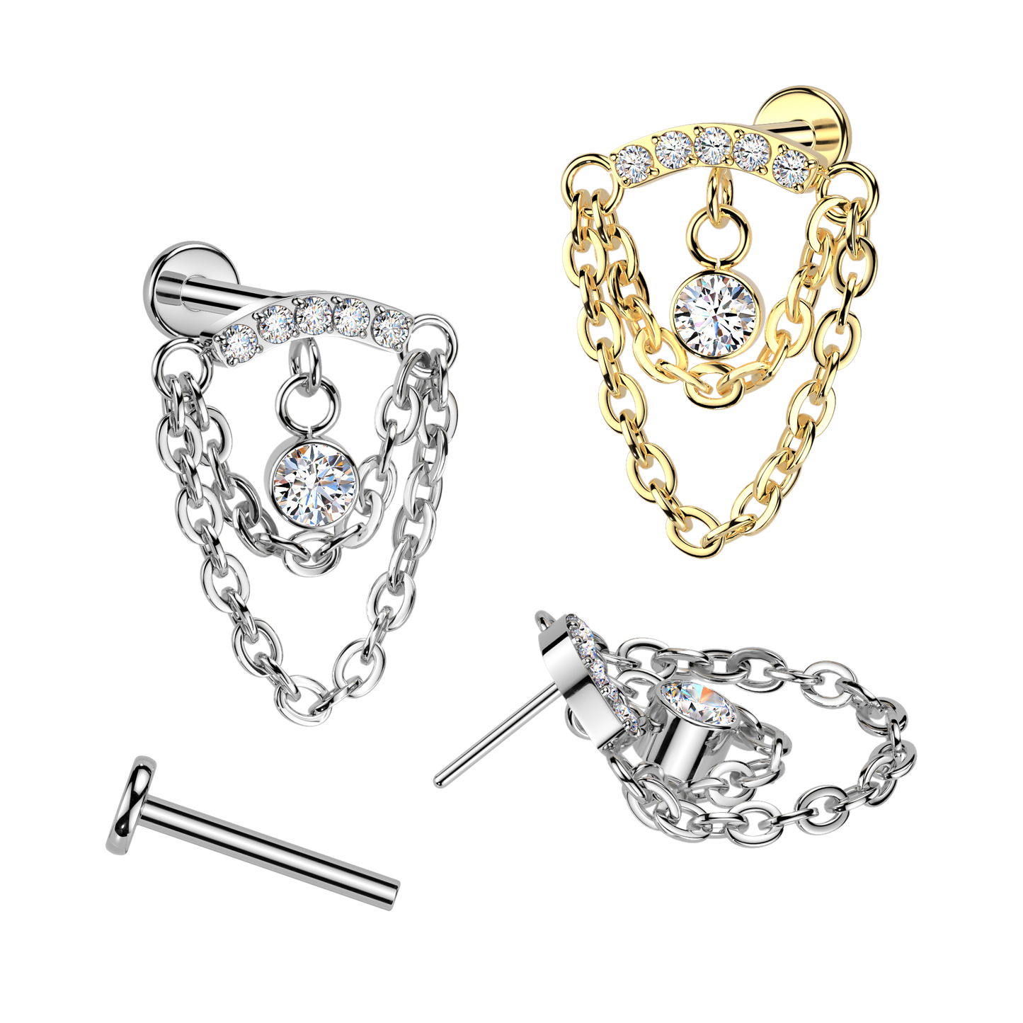 TITANIUM CRYSTAL CURVED DANGLY CHARM CHAIN FLAT BACK LABRET - 8MM - 16 GAUGE