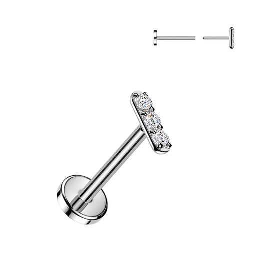 TITANIUM  MICRO DAINTY TRIPLE SILVER CZ CRYSTAL FLAT BACK LABRET - THREADLESS - 18 GAUGE - 7MM