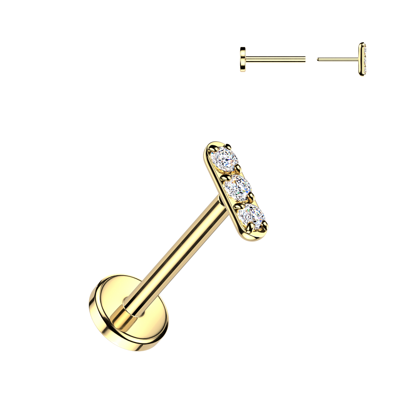 TITANIUM MICRO DAINTY GOLD TRIPLE  CZ CRYSTAL FLAT BACK LABRET - THREADLESS - 18 GAUGE - 7MM