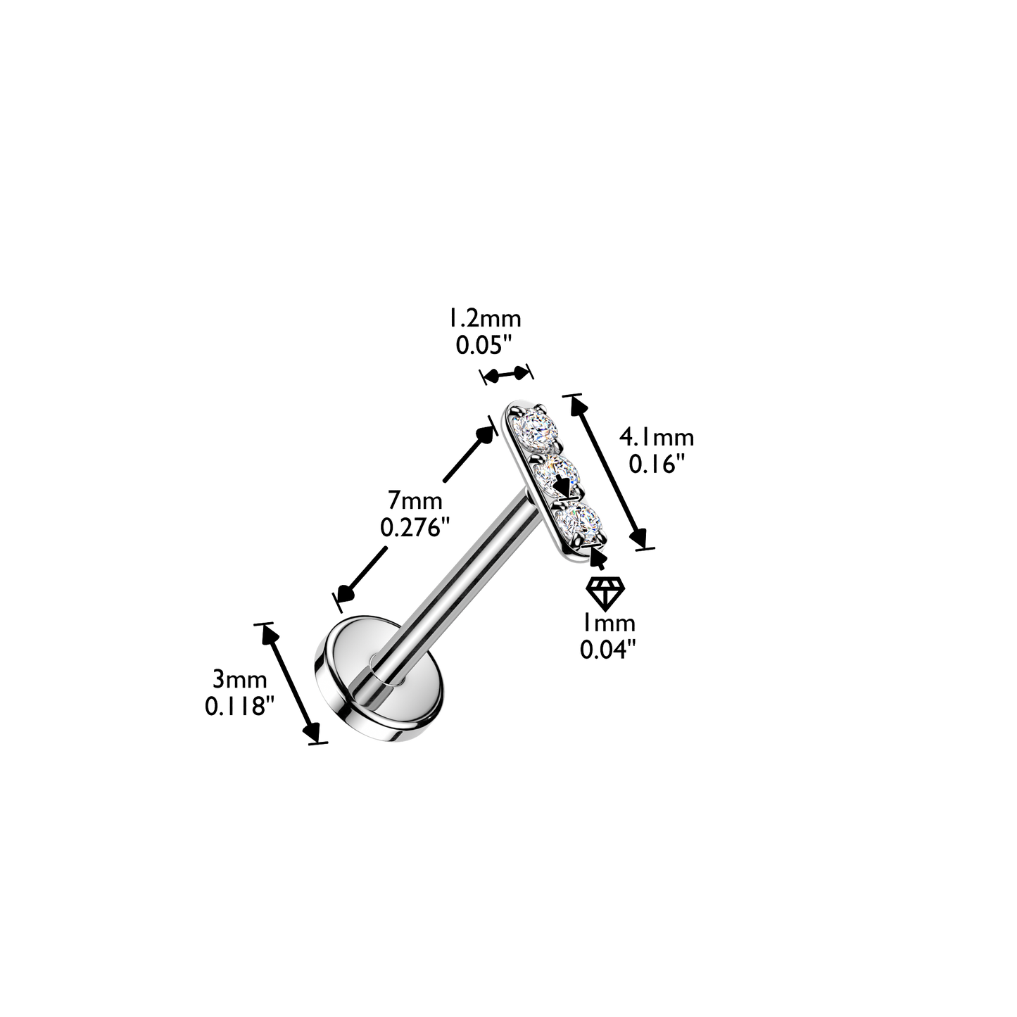 TITANIUM  MICRO DAINTY TRIPLE SILVER CZ CRYSTAL FLAT BACK LABRET - THREADLESS - 18 GAUGE - 7MM