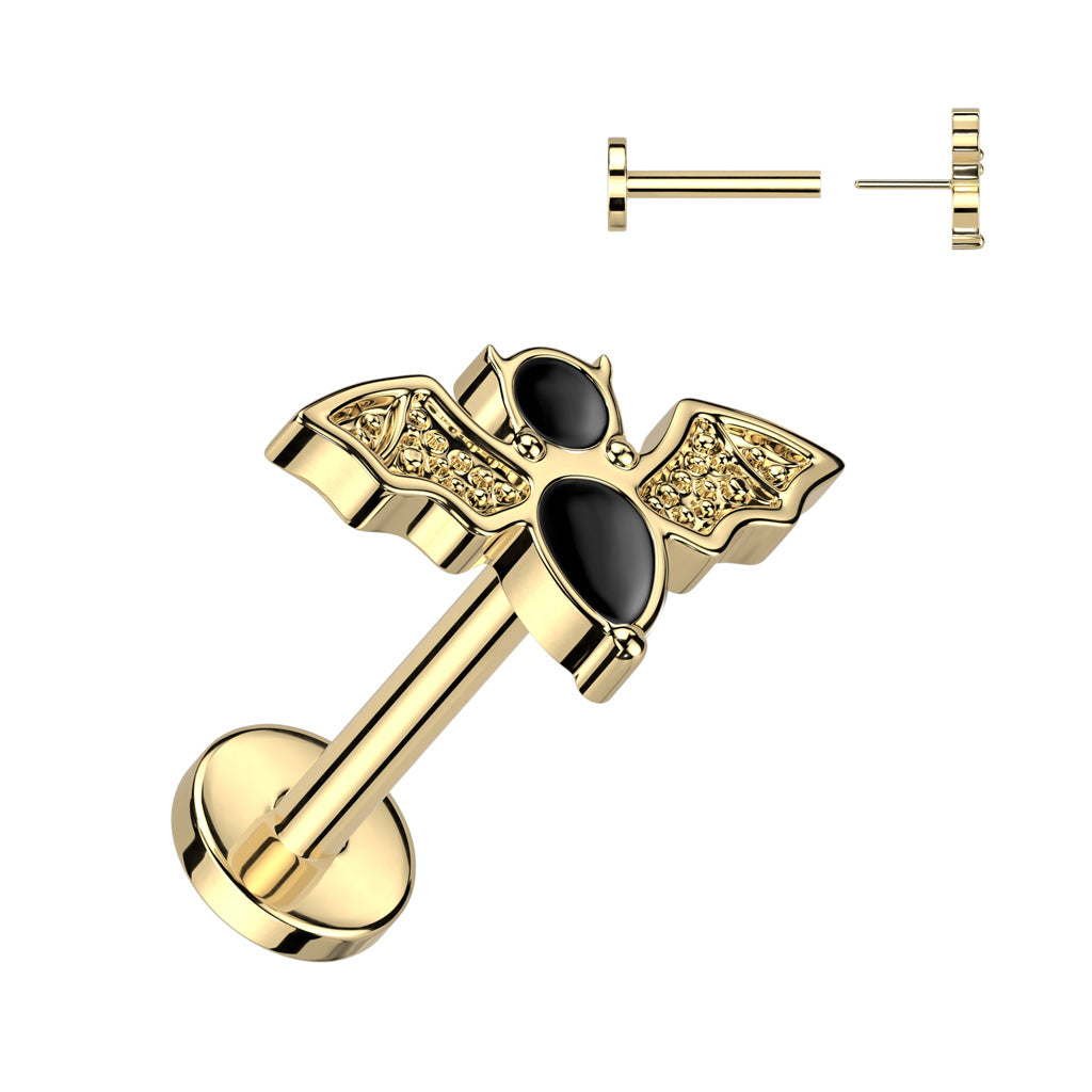 TITANIUM CRYSTAL BAT FLAT BACK LABRET STUD THREADLESS - 16 GAUGE - 8MM
