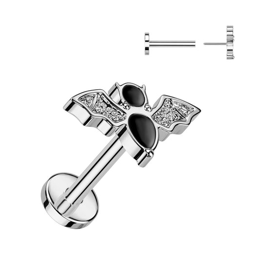 TITANIUM CRYSTAL BAT FLAT BACK LABRET STUD THREADLESS - 16 GAUGE - 8MM