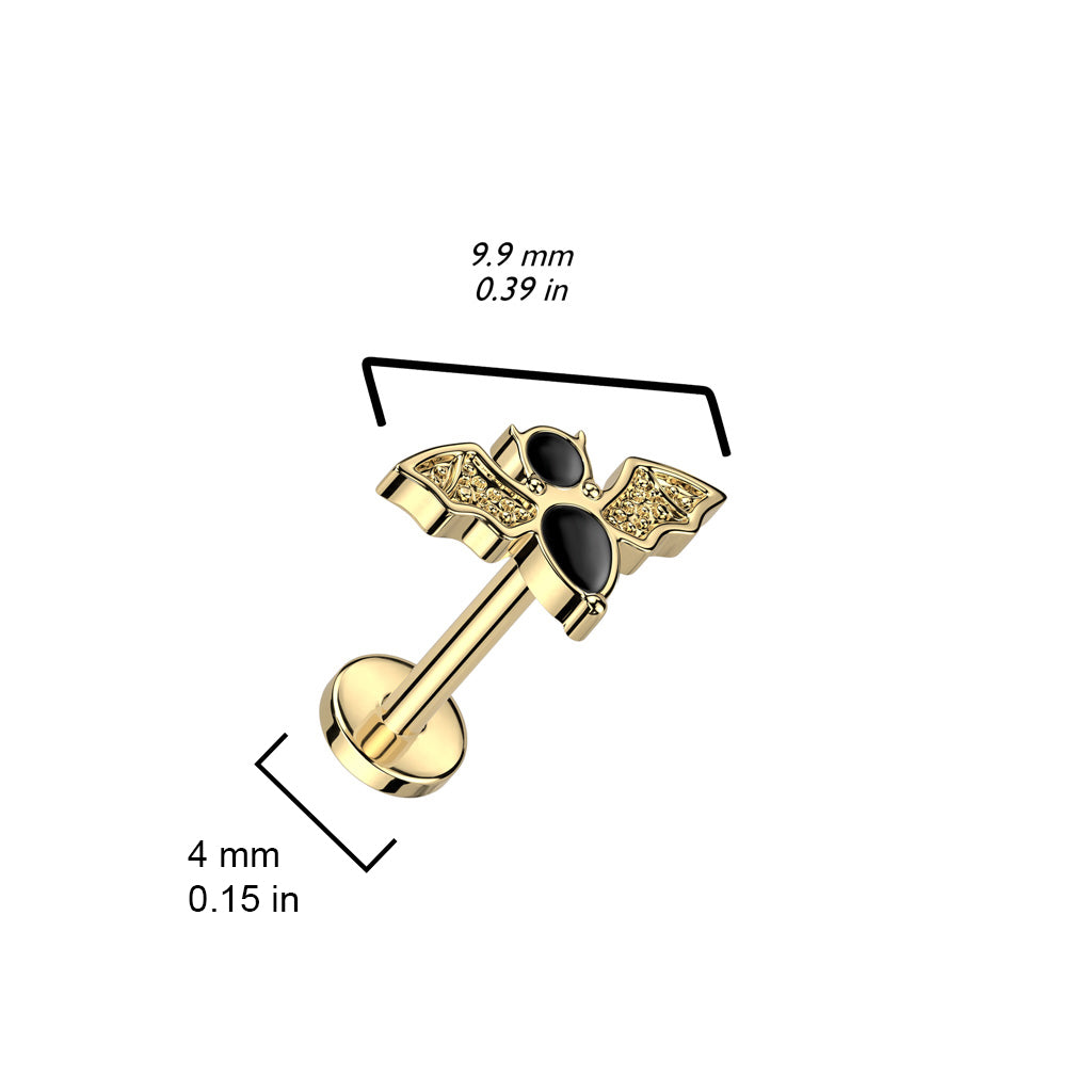 TITANIUM CRYSTAL BAT FLAT BACK LABRET STUD THREADLESS - 16 GAUGE - 8MM