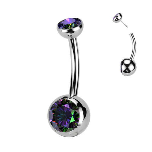 TITANIUM RAINBOW VITRAIL LIGHT CRYSTAL BELLY BAR -  THREADLESS - 14 GAUGE - 10MM