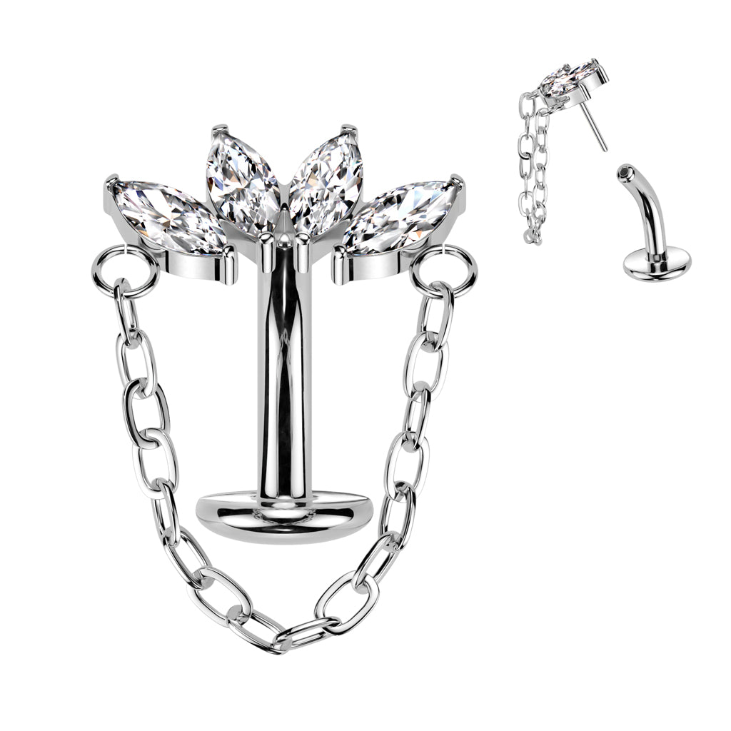 TITANIUM CRYSTAL MARQUISE FLOATING BELLY BAR WITH CHAIN CHARM - 14 GAUGE - 8MM