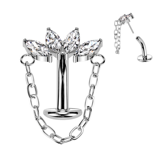 TITANIUM CRYSTAL MARQUISE FLOATING BELLY BAR WITH CHAIN CHARM - 14 GAUGE - 8MM