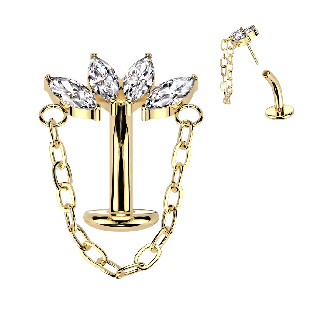 TITANIUM GOLD CRYSTAL MARQUISE FLOATING BELLY BAR WITH CHAIN CHARM - 14 GAUGE - 8MM