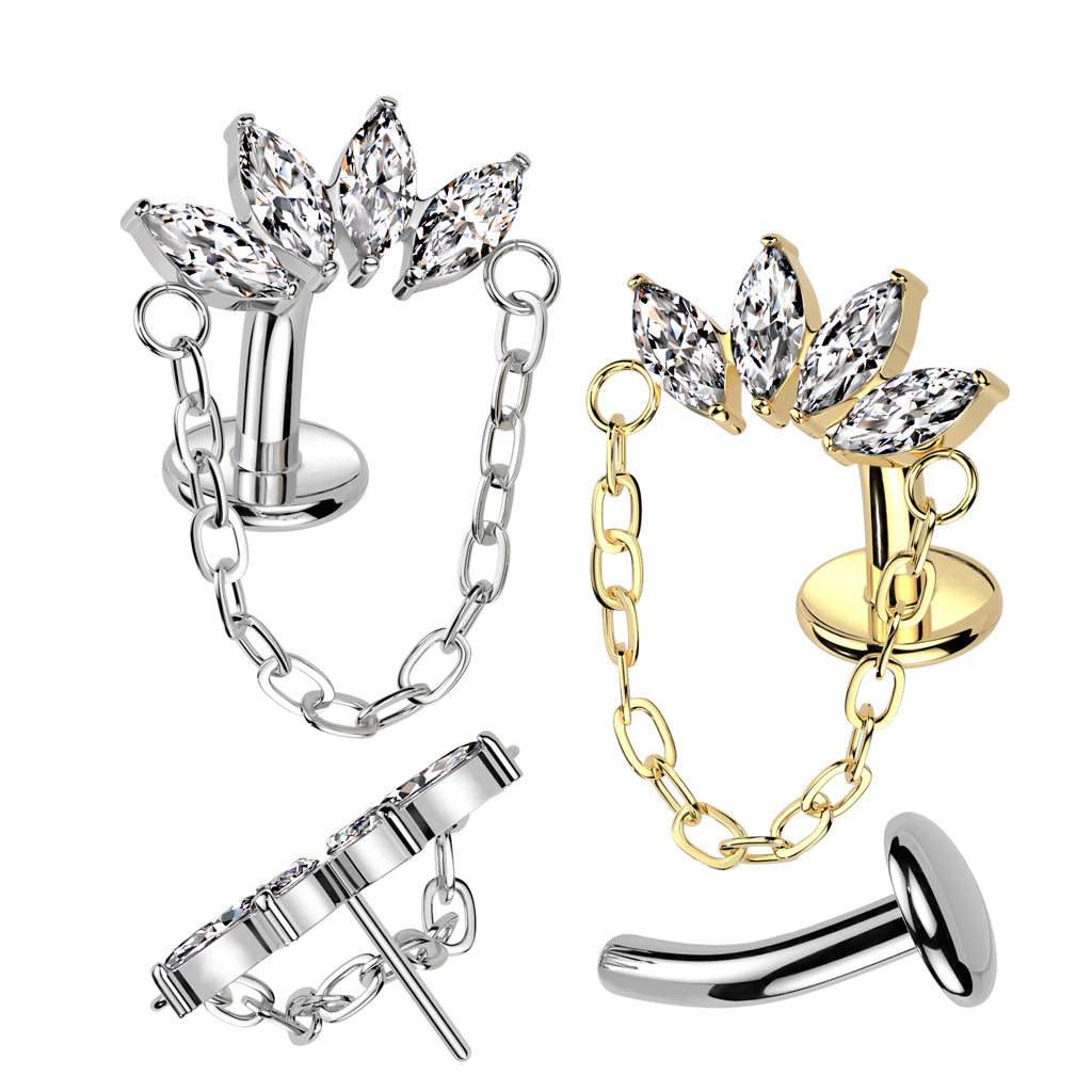 TITANIUM GOLD CRYSTAL MARQUISE FLOATING BELLY BAR WITH CHAIN CHARM - 14 GAUGE - 8MM