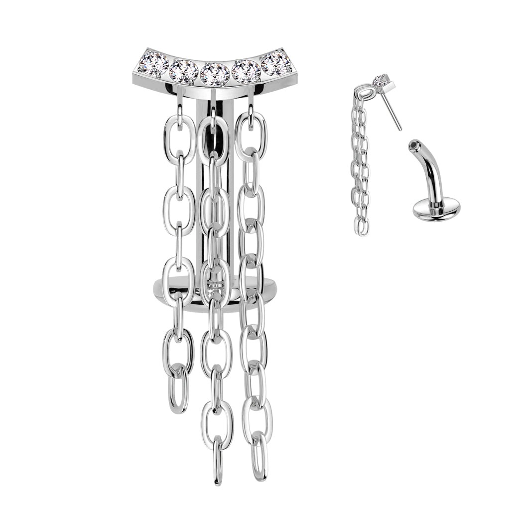 TITANIUM CRYSTAL LINED FLOATING BELLY BAR WITH DANGLY CHAIN CHARMS - 14 GAUGE - 8MM